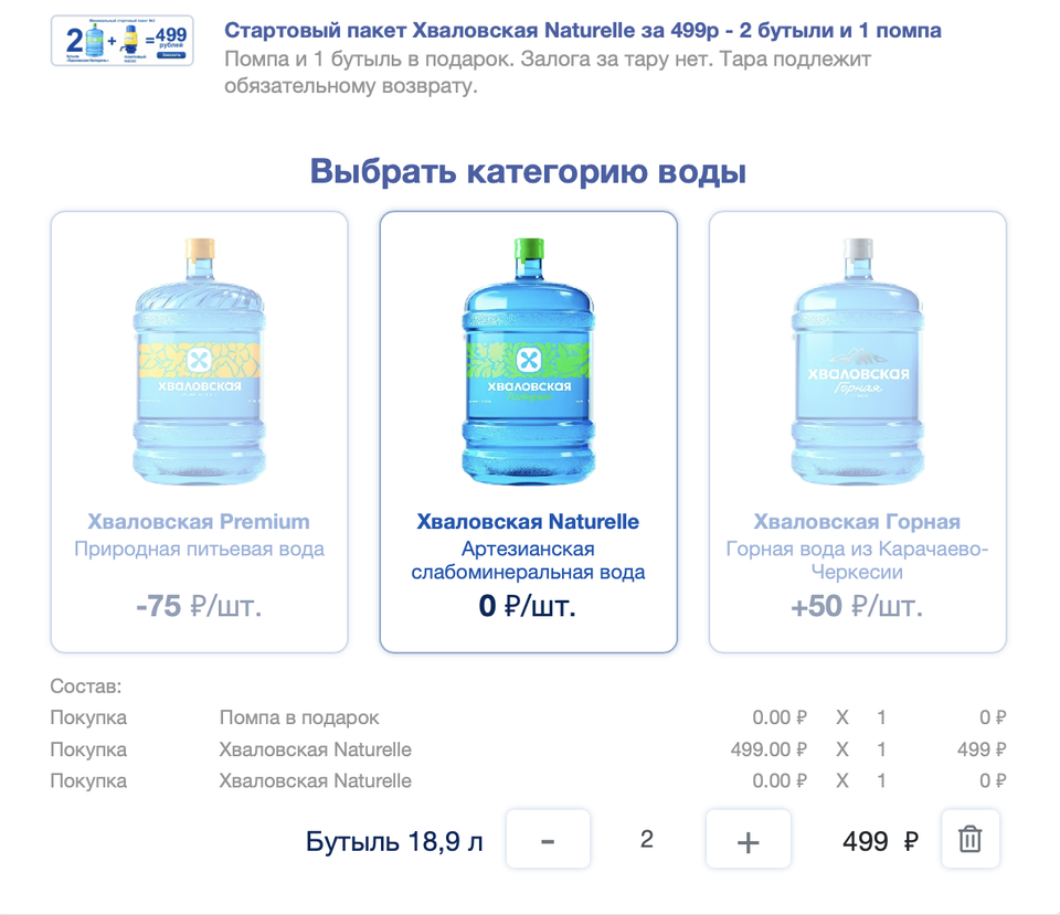Стартовый пакет Хваловская Naturelle за 499р - 2 бутыли и 1 помпа